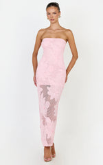 Sienna Midi Dress - Strapless Floral Embroidered Bodycon Dress in Pink