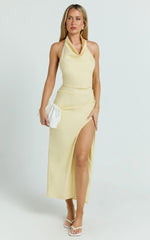 Finn Midi Dress - Folded Cowl Halter With Front Leg Split in Lemon