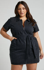 Nandini Mini Dress - Hardware Zip Through Denim Dress in Black Wash