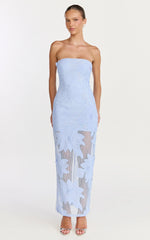 Sienna Midi Dress - Strapless Floral Embroidered Bodycon Dress in Blue