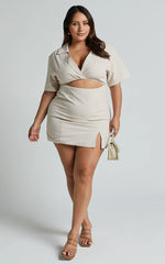 Marsha Mini Dress - Cut Out Short Sleeve Dress in Natural
