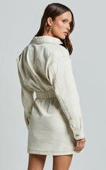 Lilianna Mini Dress - V Neck Long Sleeve Wrap Dress in Cream