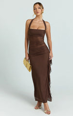 Almarie Midi Dress - Halter Neck Mesh Dress in Chocolate