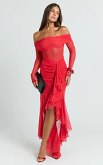 Noelle Maxi Dress - Off The Shoulder Gathered Waist Ruffle Dress in Red