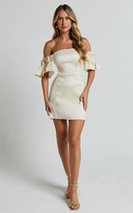 Shauna Mini Dress - Off Shoulder Rosette Detail A Line in Oyster