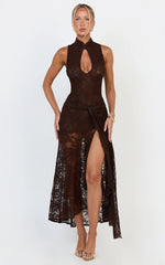 Nyla Midi Dress - Collared Keyhole Hip Tie Dress in Chocolate