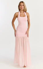 Barbara Maxi Dress - Halter Scoop Neck Contrast Georgette Dress in Pink
