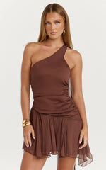 Jett Mini Dress - Scarf Neck Asymmetric Hemline Georgette Dress in Chocolate