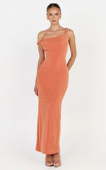 Isabel Midi Dress - Twist Off Shoulder Bodycon Dress in Coral