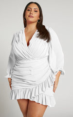 Can I Be Your Honey Mini Dress - Plunge Balloon Sleeve Dress in White