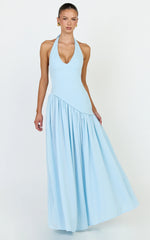 Calla Maxi Dress - Halter Neck Asymmetric Dropped Waist Dress in Blue
