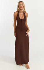 Odile Maxi Dress - U Halter Neck Dress in Chocolate