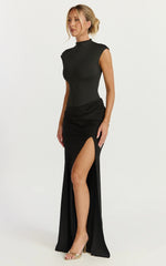 Grace Maxi Dress - Cap Sleeve Asymmetric Split Dress in Black