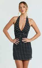 Sybil Mini Dress - Plunge Halter Low Back A Line Dress in Black Polka Dot