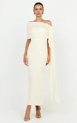 Elina Maxi Dress - Off Shoulder Contrast Mesh Draped Overlay Dress in Cream
