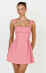 Ida Mini Dress - Wide Strap Straight Neck  Bow Back Dress in Pink