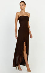 Oceana Maxi Dress - Strapless Sweetheart Neckline Mesh Dress in Chocolate