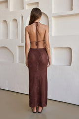 Flamingo Nights Halter Knit Maxi Dress Chocolate