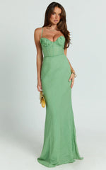 Jameela Maxi Dress - Strappy Sweetheart Neck Gathered Tie Back Dress in Green