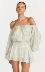 Giselle Mini Dress - Balloon Sleeve Off Shoulder Dress in Sage