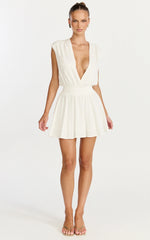 Luisa Mini Dress - Plunge Neckline Linen Blend Fit and Flare Dress in Off White