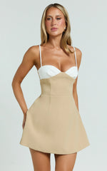 Simona Mini Dress - Contrast Neck Tulip Skirt Dress in Beige
