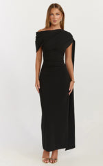 Visenta Midi Dress - Asymmetrical Sleeve Dress in Black