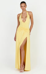 Phoenix Maxi Dress - Halter Neck Gold Trim Jersey Dress in Yellow