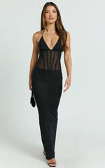 Roselyn Maxi Dress - Halter Neck Corset Waist Column Dress in Black