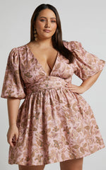 Amalie The Label - Rivinna Linen Blend Pleat Waist Puff Sleeve Mini Dress - Int