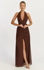 Eva Maxi Dress - Plunge Halter Wrap Dress in Chocolate