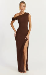 Helen Maxi Dress - One Shoulder Draped Fitted Dress in Chocolate