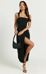 Garcia Midi Dress - Square Neck Wide Straps Fitted Wrap Skirt Dress in Black