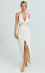 Cleo Maxi Dress - Halter Neck Floral Trim Cut Out Fitted Dress in Ivory