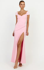Malibu Maxi Dress - Off Shoulder High Split Dress in Pink