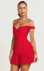 Izara Mini Dress - Off Shoulder Pleated Dress in Red