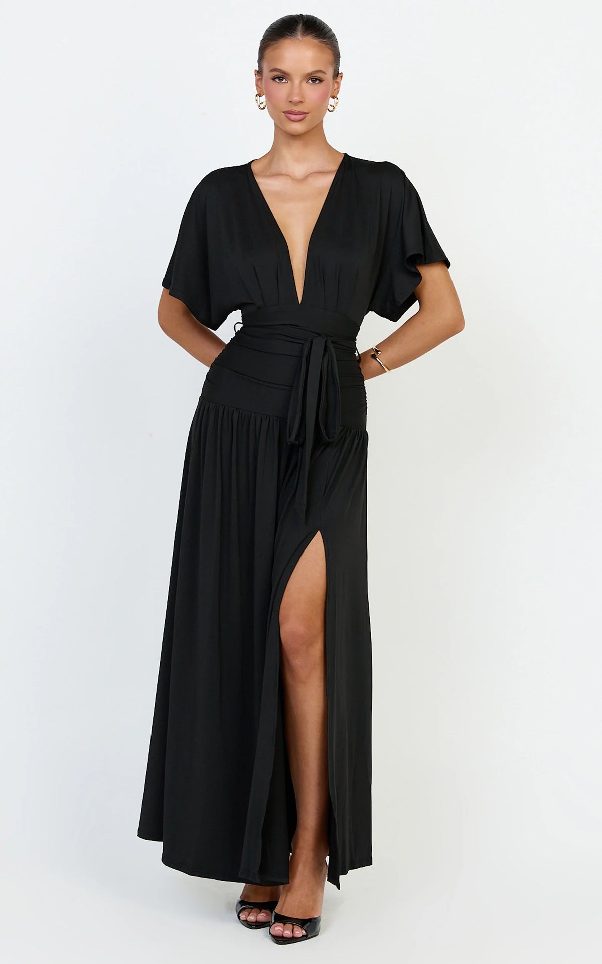 Liana Maxi Dress - Wide Sleeve Tie Waist Maxi Dress in Black