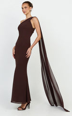 Carmilla  Maxi Dress - One Shoulder Scarf Dress in Chocolate