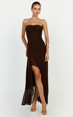 Oceana Maxi Dress - Strapless Sweetheart Neckline Mesh Dress in Chocolate