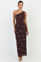 Criselda Maxi Dress - One Shoulder Maxi Dress in Chocolate Polkadot