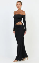 Tallulah Maxi Dress - Off Shoulder Long Sleeve Side Ruched Cut Out Dress in Black