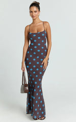 Krishna Maxi Dress - Strappy Scoop Neck Floral Placement Print Georgette Dress in Polka Dot Print