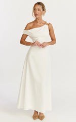 Amber Midi Dress - Off The Shoulder Hardware Detail A Line Dress in White