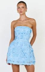 Maristella Mini Dress - Strapless Lace Up Back A Line Dress in Blue