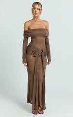 Velma Maxi Dress - Jersey Long Sleeve Off Shoulder Twist Skirt Dress in Brown