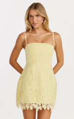 Maisie Mini Dress - Broderie Cut Out Border Hem Dress in Lemon